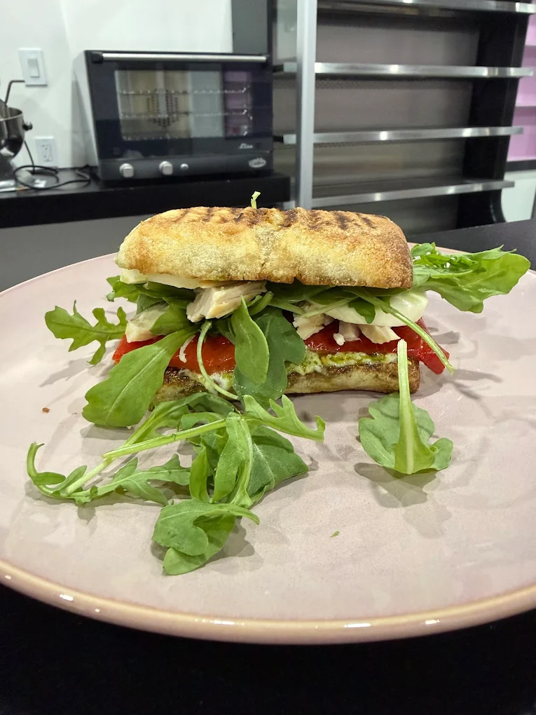 Chicken caprese panini sandwich at Café Mia, Bushwick Brooklyn