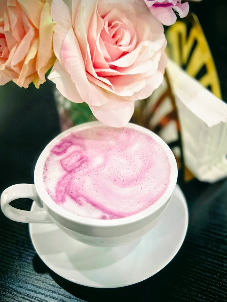 Pink rose matcha latte at Café Mia — known for matcha in Bushwick, Brooklyn